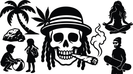 Fototapeta premium Tattoo flash skull with dreadlocks smoking a joint central close up surrounded by palm leaf skateboarder meditating kids playing silhouettes
