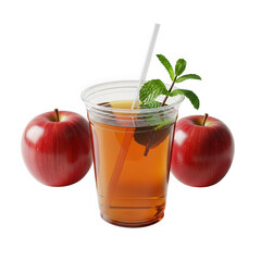 A glass of apple juice with apples and a straw isolated on transparent background