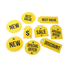 Collection of yellow discount and sale tags on a white background isolated on transparent background