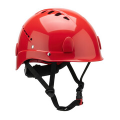 A red hard hat with a black chin strap isolated on transparent background