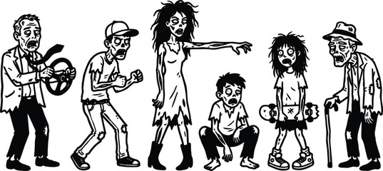 Fototapeta premium Line art comic zombie character lineup showing elderly man with steering wheel and cane skateboard child pointing crouching boy clothing