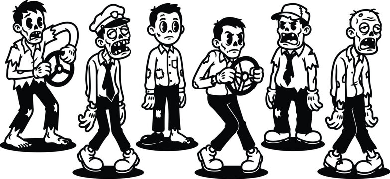 Tattoo flash retro cartoon zombie drivers lineup holding steering wheels torn clothing black and white vector art bold outline grunge