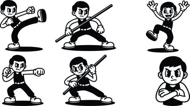 Tattoo flash set of six martial arts boy poses showing kicks punches staff stances playful expressive retro cartoon vector art