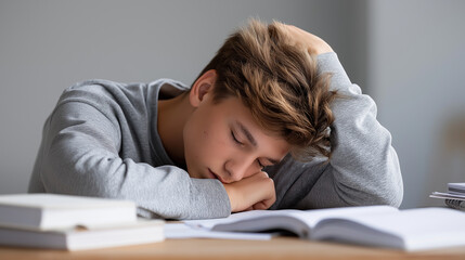 Teen resting head on desk after studying, academic burnout concept, neutral background, with copy space