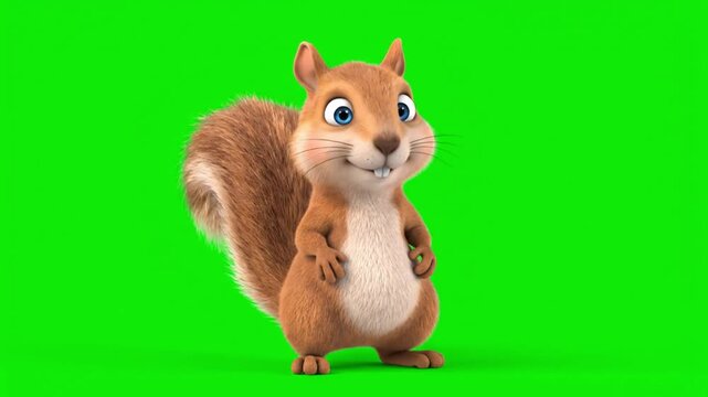 Cute Animated 3D Squirrel Character Standing and Smiling on a Chroma Key Green Screen Background