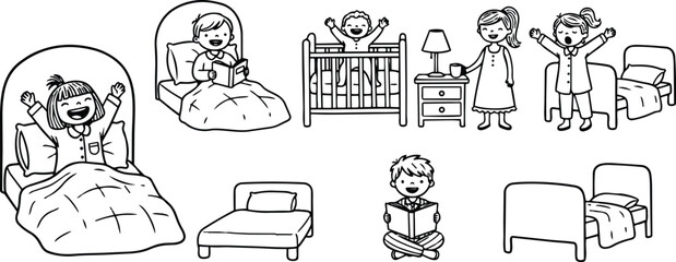 Fototapeta premium Line art sleepy children waking up in beds reading and stretching in bedroom scene with nightstand and lamp happy crib