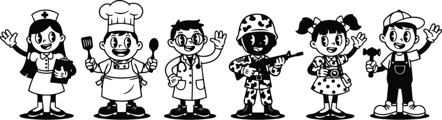 Obraz premium Retro cartoon vector lineup of six children dressed as nurse chef doctor soldier photographer builder waving in black and white