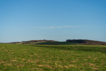 Obraz premium Blue sky over green fields and rolling hills with forest on the horizon, peaceful rural landscape concept showing real life nature in Europe, Germany