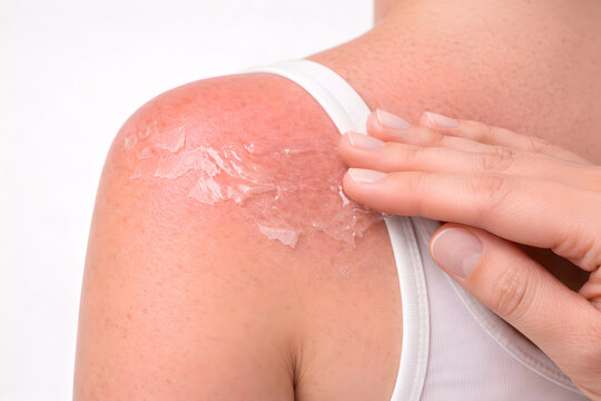 Photorealistic 3D medical-grade close-up of a sunburned shoulder and upper arm (cropped, no face): natural mild-to-moderate erythema with realistic peeling sheets of epidermis, subtle dryness at edges