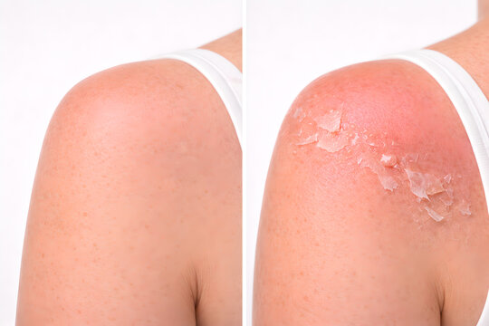 Photorealistic 3D medical-grade close-up of a sunburned shoulder and upper arm (cropped, no face): natural mild-to-moderate erythema with realistic peeling sheets of epidermis, subtle dryness at edges