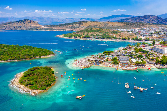 View of Bora Bora beach in Ksamil, Albanian Riviera. Ksamil islands are located near the Saranda, Albania.