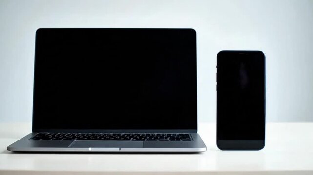 Full HD silent video showing laptop and smartphone side by side.
Both screens blank for responsive website presentation.
Clean professional desk setup.
No sound, no text, no logos.