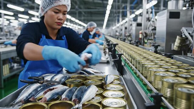 Factory workers process fresh fish on a conveyor belt for canning and packaging