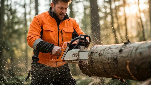 Man operating chainsaw to fell tree in forest. Lumberjack performing timber harvest with power tool. Woodland logging activity sequence showing cutting process from start to finish.