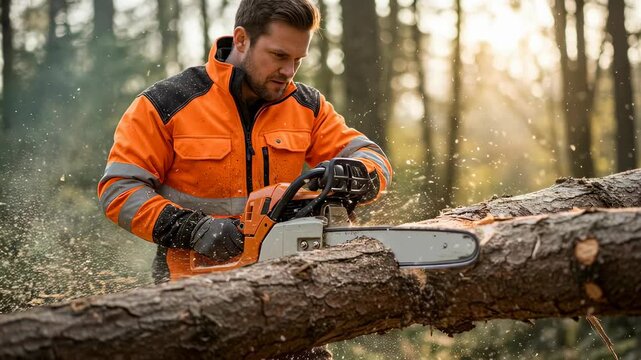 Man using chainsaw to cut log in forest. Lumberjack operating power tool on timber. Forestry work sequence showing wood harvesting and outdoor labor concept.