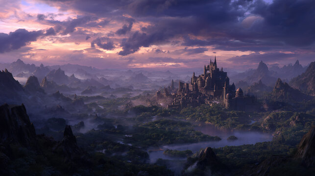 Epic dark fantasy castle on a mountain peak with a dragon silhouette, mystical gothic fortress in pink sunset clouds, dramatic medieval landscape with mist and ruins