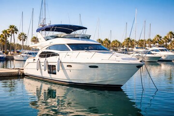 Fototapeta premium Luxury white motor yacht docked at marina with palm trees