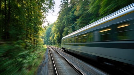 Fototapeta premium High speed passenger train moving through green forest with motion blur
