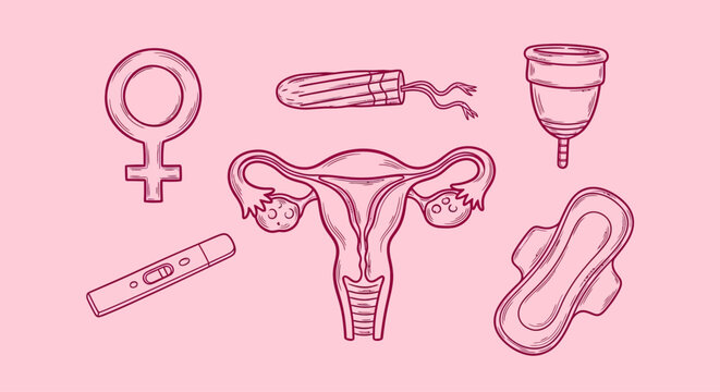 Female reproductive health icons and symbols surrounding a uterus illustration in a pink environment from a direct viewpoint