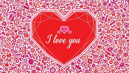 A vibrant red heart with 'I love you' surrounded by floral patterns and hearts, conveying love and affection from a close-up viewpoint.