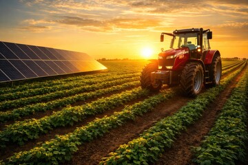 Obraz premium Modern tractor working beside solar panels in crop field at sunset
