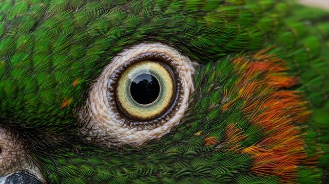 Close-up sequence of a parrots green eye blinking. Vibrant feathers with orange accents. Macro wildlife observation of avian gaze and detail in motion.