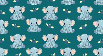 Naklejka premium Pattern of cartoon elephant faces on a teal background, viewed from directly above