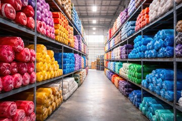 Warehouse shelves filled with colorful fabric rolls in textile storage