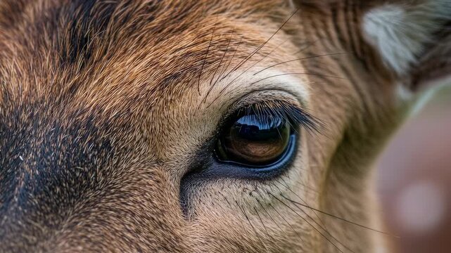 Close-up sequence of deers eye gazing and blinking in natural habitat. Wildlife detail revealing alert expression and fur texture. Animal observation and nature exploration concept for environmental