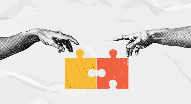 Two hands connecting puzzle pieces in a symbolic representation of unity and collaboration from opposite viewpoints
