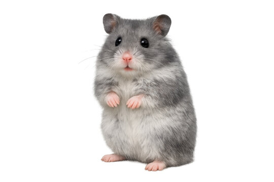 Hamster standing on hind legs looking forward, small rodent pet animal with grey fur, transparent background