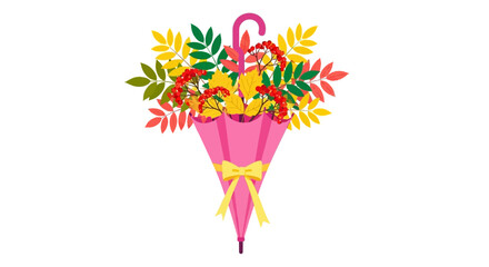 Vibrant bouquet of colorful leaves and flowers arranged in a pink autumn-themed umbrella