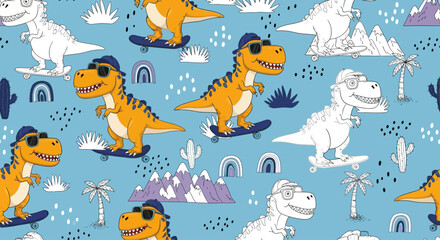 Pattern of cartoon dinosaurs riding skateboards in a prehistoric landscape with cacti and mountains © Steven