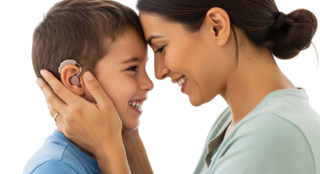 A heartwarming moment of a mother and her deaf or hard of hearing child with a hearing aid, on transparent background