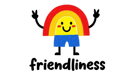 A cartoon character embodying friendliness with a rainbow body standing in a friendly pose