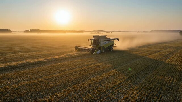 Combine harvester progressing through golden wheat field at sunset. Agricultural machinery gathering ripe crops in vast rural landscape. Farming process during autumn harvest with dust trails and