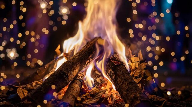 Traditional bonfire burning at night with bright sparks and bokeh lights background.