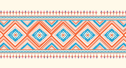 Geometric pattern featuring diamond and zigzag shapes in orange and blue hues on a neutral background, close-up view