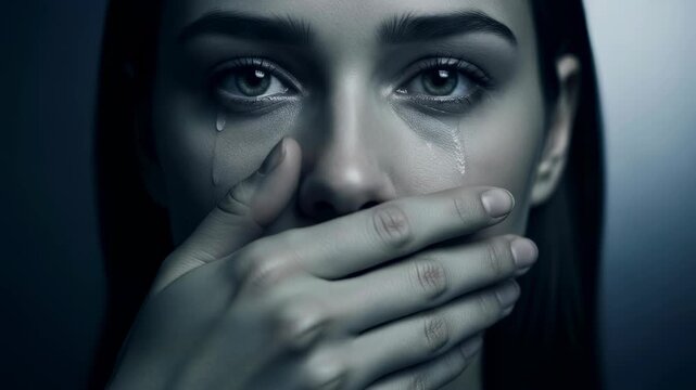 Woman covering mouth with hand in growing emotional distress. Sequence shows surprise turning to suppressed sobs with tears streaming down face. Concept of hidden sorrow and vulnerability in personal