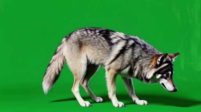 A realistic gray wolf sits attentively on a green screen background, ready for compositing into any scene.