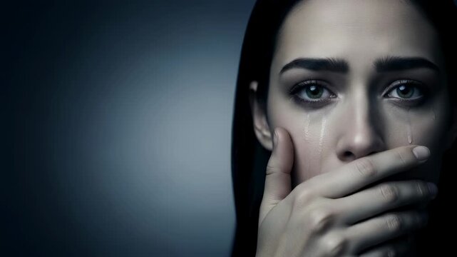 Woman in emotional distress crying with tears. Sequence shows grief progression from initial sorrow to covering mouth in heartbreak. Closeup on face expressing deep sadness and pain concept.