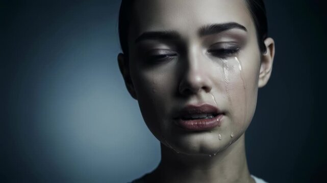 Woman crying with tears streaming down face in emotional sequence. Sad expression building from subtle grief to intense sorrow. Close-up portrait of feminine distress and vulnerability concept