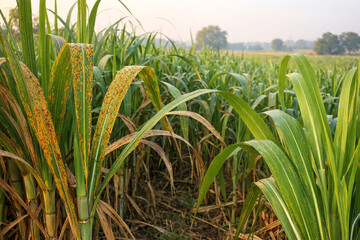 Obraz premium Rust disease outbreak on sugarcane crop leaves with widespread fungal infection in field