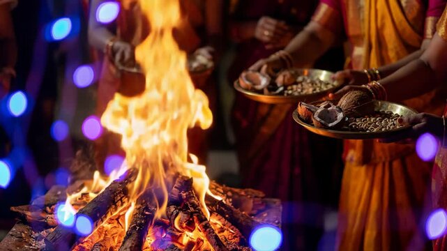 Cinematic close-up of a sacred bonfire during Holika Dahan festival at night. People offering traditional items, coconuts and seeds, into the flames 