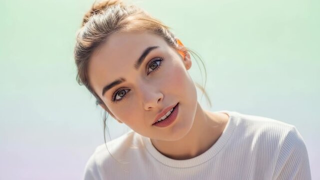 Woman tying her hair into a bun hairstyle. Portrait sequence of female grooming routine. Beauty and self-care concept with updo style demonstration.