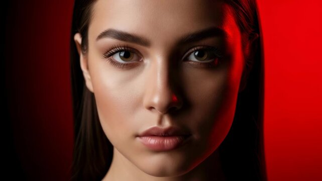 Woman in sequential close-up portraits showing subtle facial expressions from side glance to direct gaze. Beauty and emotion concept with red background lighting for portrait photography inspiration.
