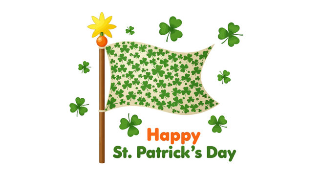 Celebratory flag adorned with shamrocks waving high in a festive atmosphere on St. Patrick's Day