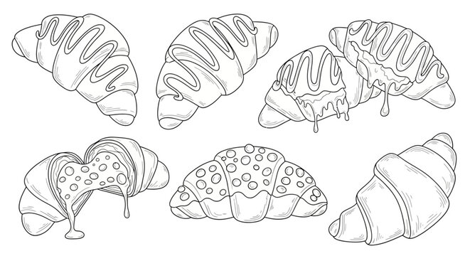 Assorted pastries and croissants on white background, line art illustration, various toppings and fillings, baked goods, culinary delights