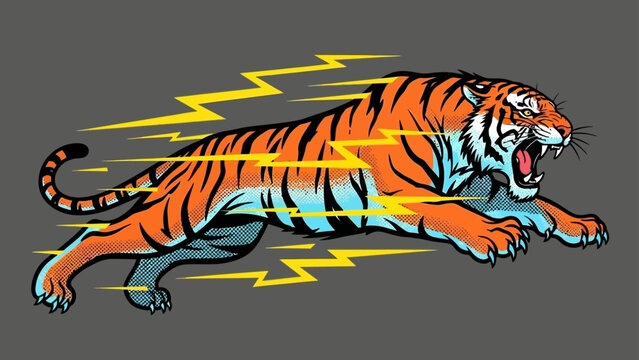 a pop art tiger leaping and roaring fiercely surrounded by bright yellow lightning bolts symbolizing raw speed strength and dynamic energy.