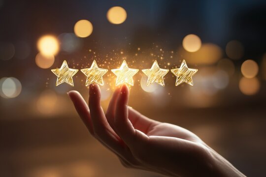 Ethereal Representation Of Customer Feedback: Hand Gently Holding Glowing Five Star Rating With Light Particles On Blurred Background Symbolizing Stellar Service